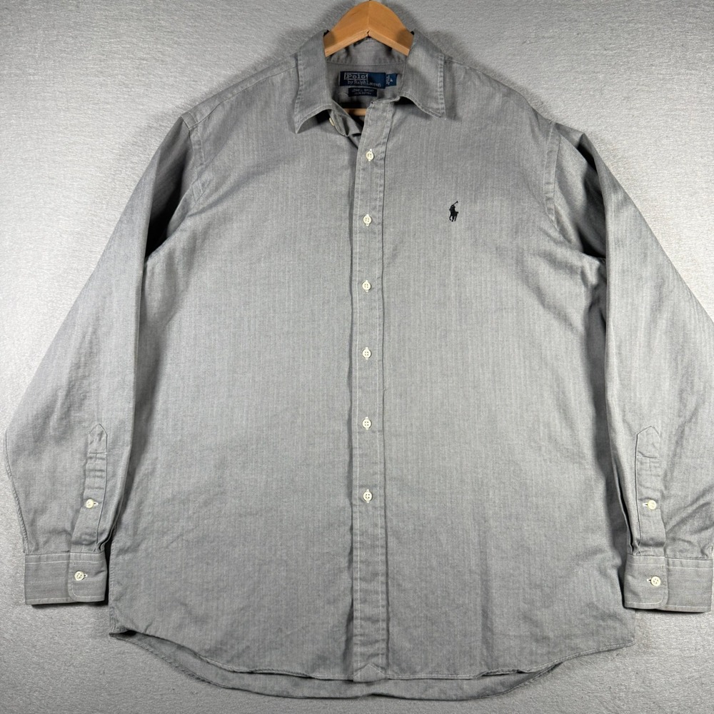 Polo Ralph Lauren Lowell Sport Grey Herringbone Cotton Button Down Shirt Mens L